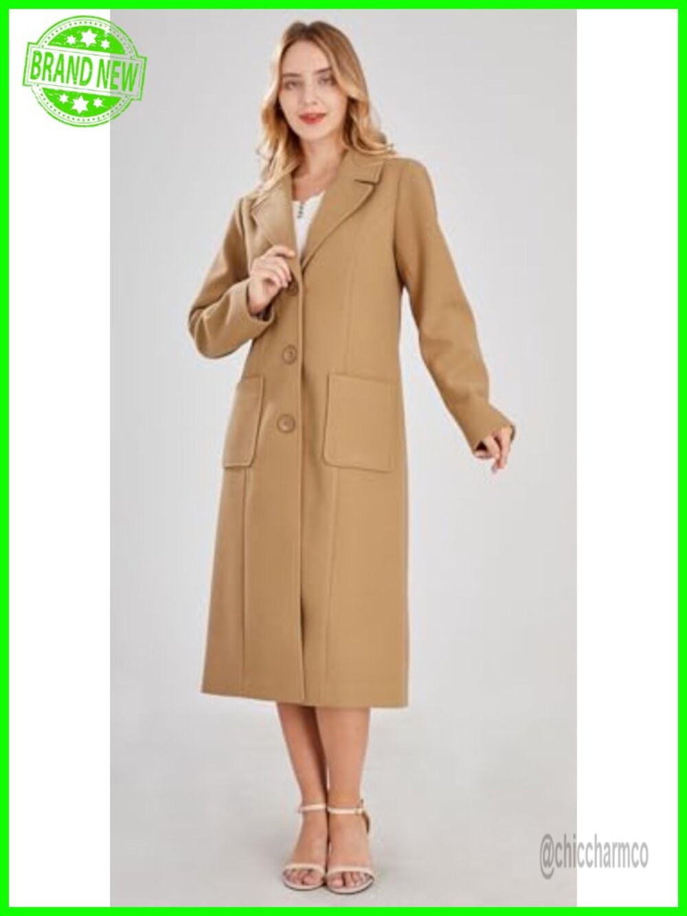 Wool Blend Mid-Length Coat Notch Lapel Single Breasted - Picture 2 of 6